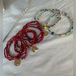Six boho chic red and multi colored bracelets